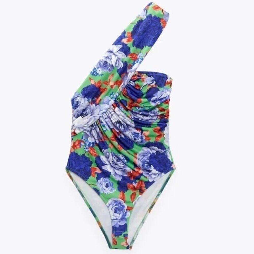 Zara Floral Asymmetrical One Shoulder Bodysuit Blue Green Size S